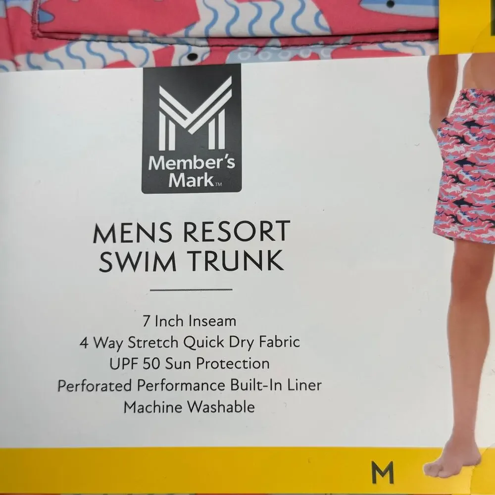 Members Mark Swim Trunks Men's Medium Pink Sharks Quick Dry 50+ SPF Stretch NEW